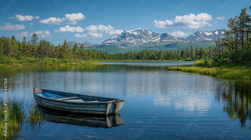 Serene Mountain Lake with Old Boat and Lush Greenery in Summer Serene Mountain Lake with Old Boat and Lush Greenery in Summer