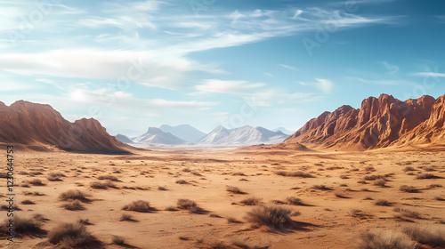 Expansive desert landscape with a shimmering sandy background sun baked rock formations sparse desert vegetation and a distant mirage like shimmer. Amber Valley. Illustration photo