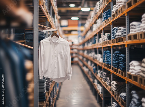 White shirt hangs in warehouse aisle, stacks of folded clothes fill shelves. photo