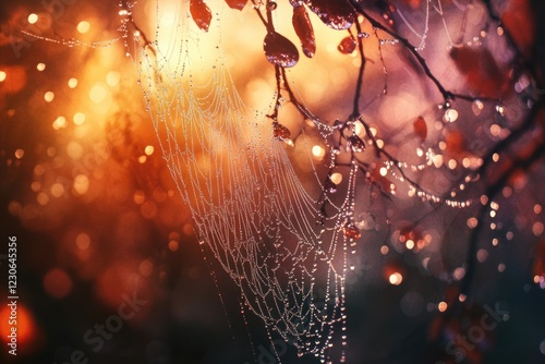 Dew-covered spiderweb glistening in the warm autumn sunlight, among vibrant red leaves.