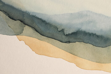 Art Smoke Watercolor Acrylic Wave lines landscape painting wall. Abstract texture blue, beige gray color curve wet paper background.