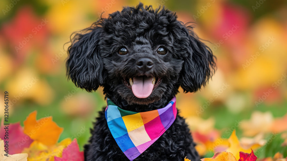 Poodle dog, A black poodle wearing a stylish bandana, captured in high fidelity for stock image use. Poodle dog, A black poodle wearing a stylish bandana, captured in high fidelity for stock image use.