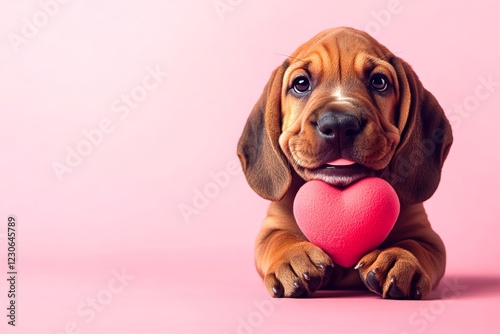 Cute bloodhound canine with critter toy red heart - sign of love, funny greeting card. Bloodhound - my cherished dog. Marketing concept art. Valentine's day pet themes. Puppy valentine ideas. photo