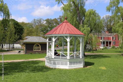 Photography Historic white gazebo with red roof at Greenfield Village in Dearborn Michigan