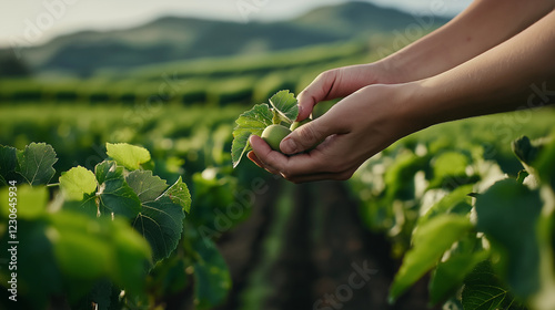 Fototapeta Naklejka Na Ścianę i Meble -  A close-up of hands gently picking ripe fruits in an orchard, with a backdrop of rolling green hills.