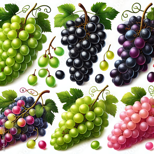 Set of green, black and pink grape isolated. Realistic vector illustration of different grapes.
 photo