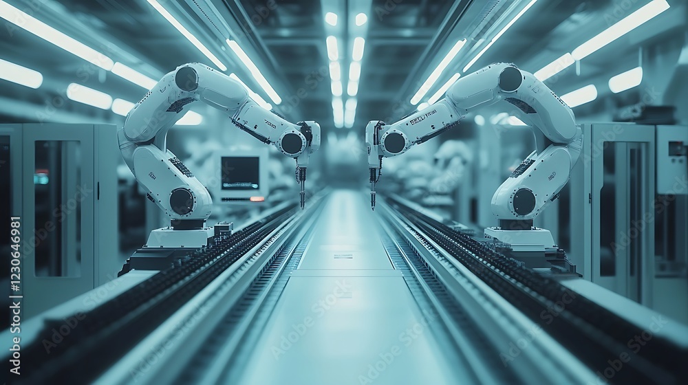 Fototapeta premium A modern factory with robotic arms on an assembly line, with LED lights illuminating the scene