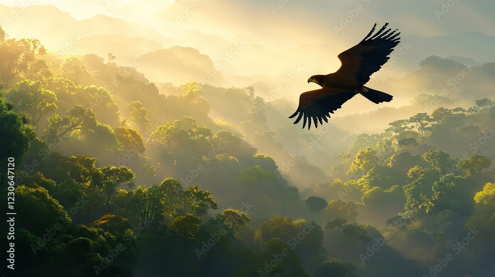 Obraz premium A majestic bird soaring above a verdant forest teeming with towering trees and sun-kissed hillsides