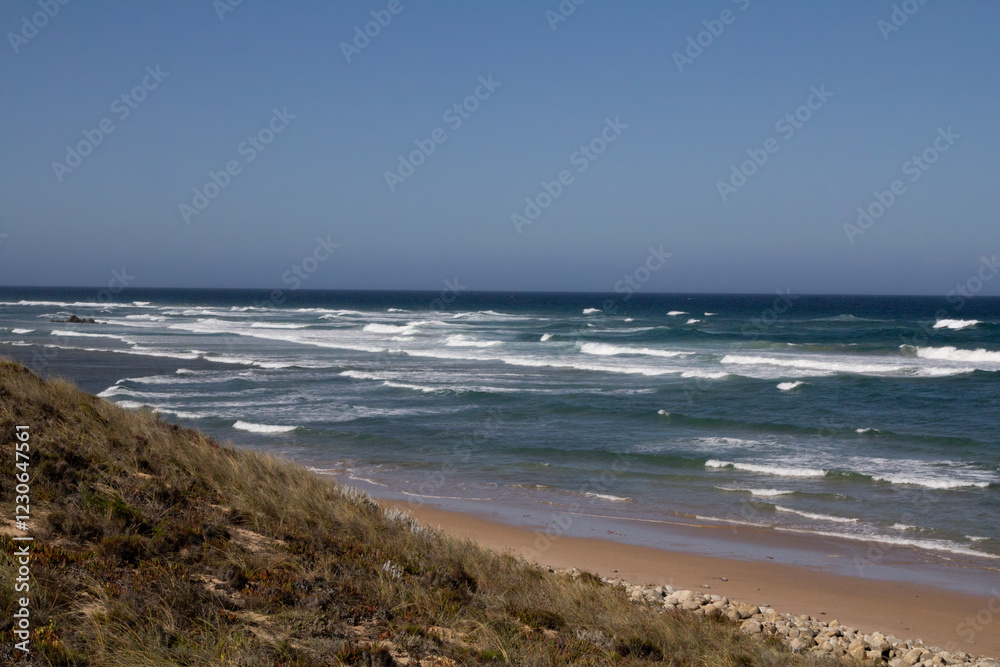 The ocean waves along the Rota Vicentina trail are perfect for surfing, with powerful swells crashing onto the shore. This popular coastal route provides an ideal setting for surfers The ocean waves along the Rota Vicentina trail are perfect for surfing, with powerful swells crashing onto the shore. This popular coastal route provides an ideal setting for surfers
