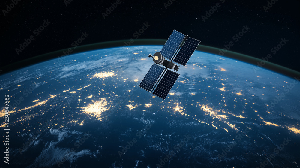 A futuristic satellite orbiting a glowing Earth at night, with city lights visible across the continents. A futuristic satellite orbiting a glowing Earth at night, with city lights visible across the continents.