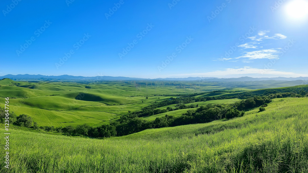 A panoramic shot of a wind farm stretching across the horizon, with green hills and a clear blue sky. A panoramic shot of a wind farm stretching across the horizon, with green hills and a clear blue sky.