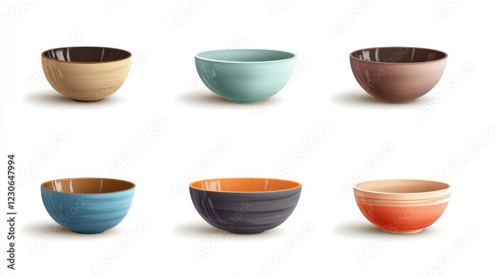 Glass, plastic, wooden and ceramic bowl isolated on white. Vector mixing chalice, heat resistant stoneware, kitchenware, potted bowl, crockery utensil for cooking and food preparation illustration Glass, plastic, wooden and ceramic bowl isolated on white. Vector mixing chalice, heat resistant stoneware, kitchenware, potted bowl, crockery utensil for cooking and food preparation illustration