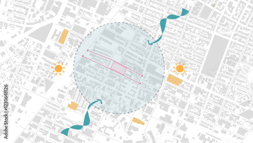 isometric architecture site analysis symbol icon element drawing graphic flat isolated vector. architecture element line sun wind sound sun path vegetation.