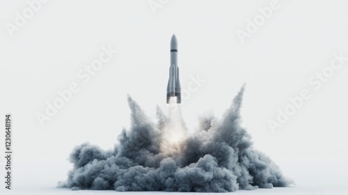 A 3D model of a space rocket launching, surrounded by dramatic smoke plumes, isolated on a white background. photo