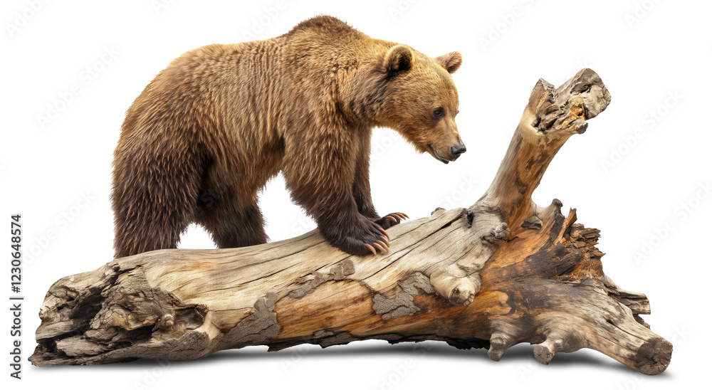 Obraz premium A big bear stands on a big old log on a transparent background illustration.