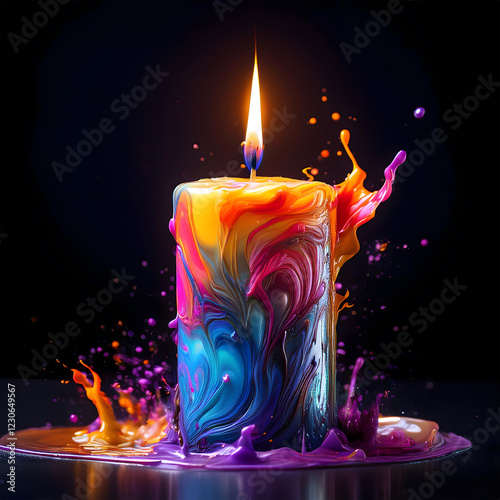 Digital artwork of a burning candle made of liquid paint in yellow, old rose, pink, violet, and blue against a black background.