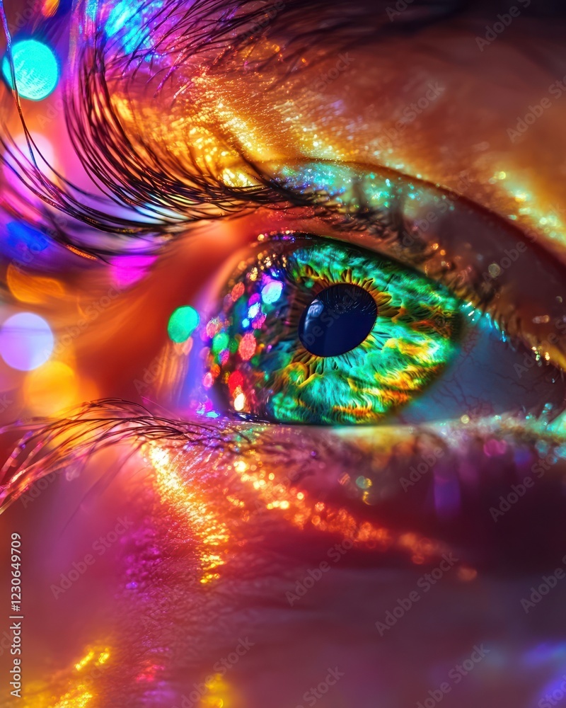 Colorful eye close-up, bokeh lights, festive mood, vision concept Colorful eye close-up, bokeh lights, festive mood, vision concept