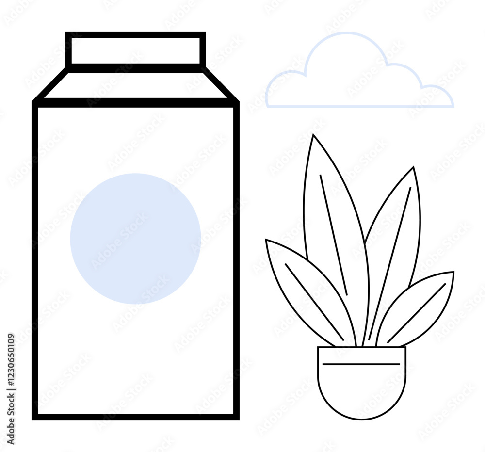 Large rectangular carton box, potted plant with long leaves, and a cloud. Ideal for eco-friendliness, sustainability, minimalism, natural products, renewable resources, wellness organic living Large rectangular carton box, potted plant with long leaves, and a cloud. Ideal for eco-friendliness, sustainability, minimalism, natural products, renewable resources, wellness organic living
