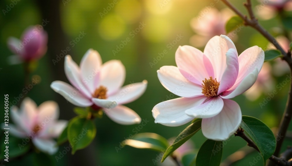 White and pink magnolia flowers in a garden with lush greenery, garden, pink, leaves White and pink magnolia flowers in a garden with lush greenery, garden, pink, leaves