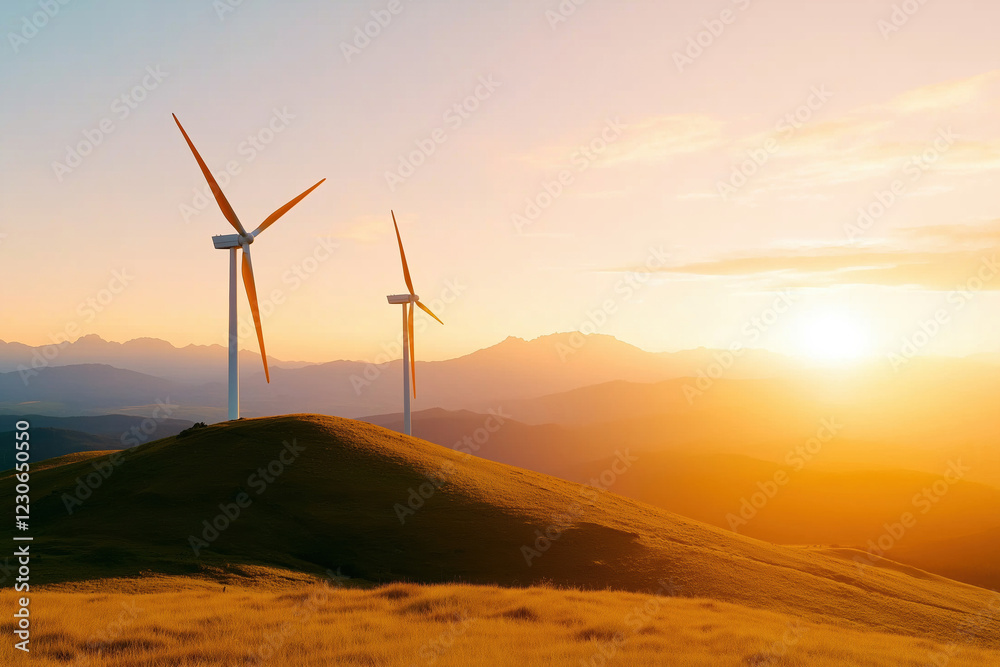 Wind turbines stand tall on a hill at sunset over a mountainous landscape Wind turbines stand tall on a hill at sunset over a mountainous landscape