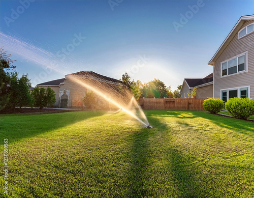 lawn sprinkler system providing irrigation on a sunny day in a residential backyard photo