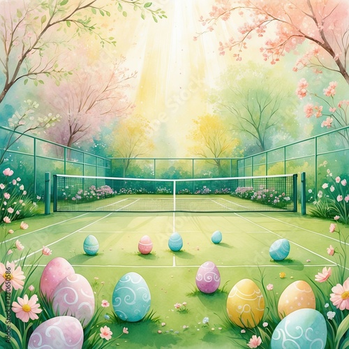 Spring celebration with colorful Easter eggs scattered on a tennis court surrounded by blooming flowers and vibrant trees in a serene landscape
