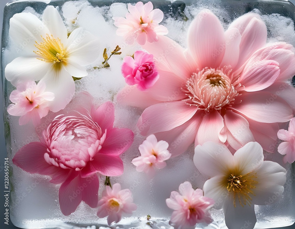 delicate pink and white flowers frozen in ice creating a beautiful ethereal and refreshing image perfect for spa beauty or springtime themes delicate pink and white flowers frozen in ice creating a beautiful ethereal and refreshing image perfect for spa beauty or springtime themes