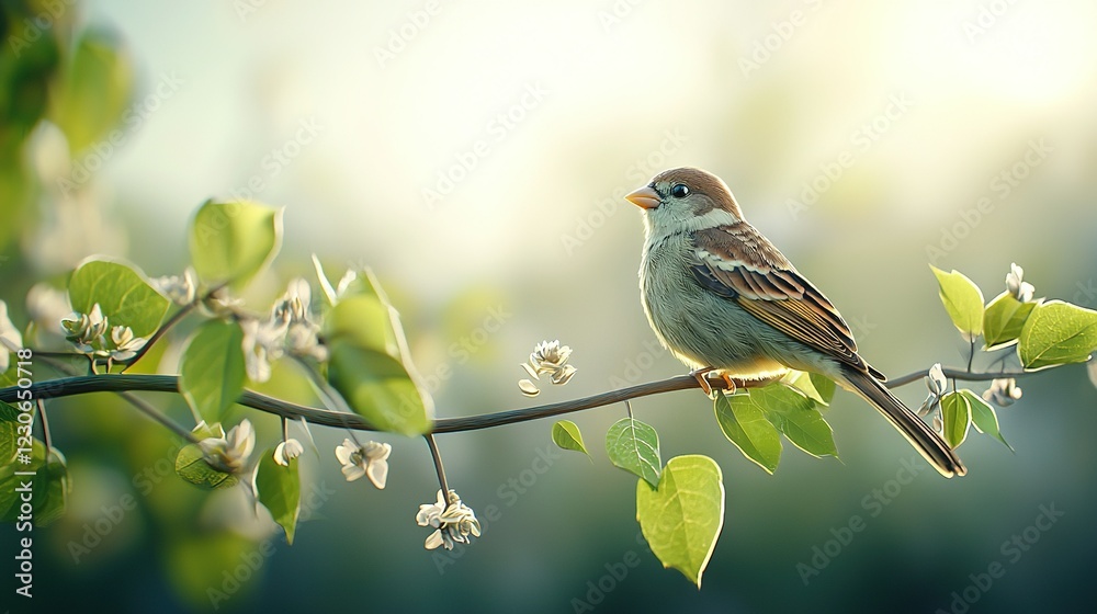 A bird perched on a tree branch with white flowers in front and a green, blurry background A bird perched on a tree branch with white flowers in front and a green, blurry background
