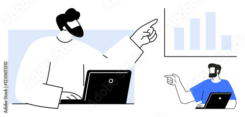 Business professional working on a laptop points towards bar graph, another figure also gestures towards the graph. Ideal for presentations, teamwork, analytics, online learning, webinars, data