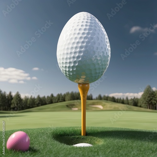 Unique Easter celebration with a golf twist featuring a giant egg on a tee and colorful eggs nearby on a sunny day
