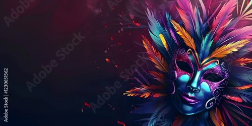 Happy Mardi Gras poster: Banner template featuring a Venetian masquerade mask, confetti, feathers, and copy space, perfect for carnival costume party flyers.