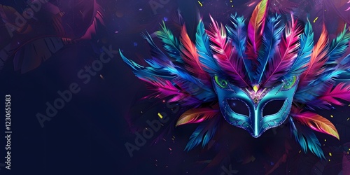 Happy Mardi Gras poster: Banner template featuring a Venetian masquerade mask, confetti, feathers, and copy space, perfect for carnival costume party flyers.