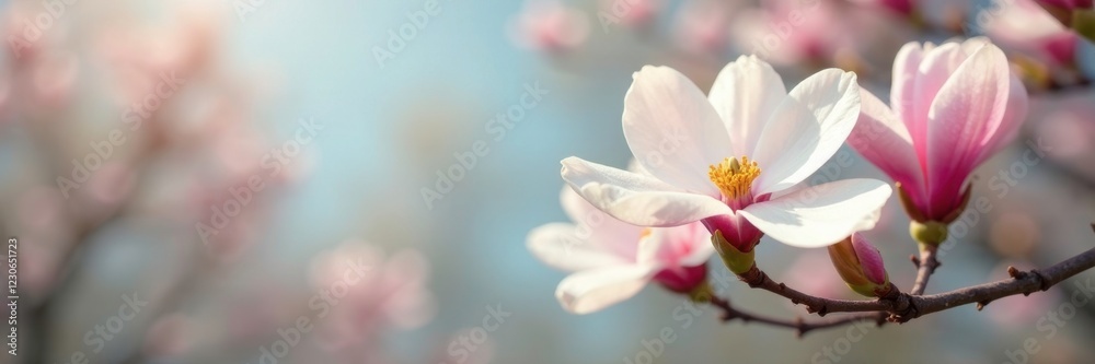White and pink magnolia flowers swaying gently in the breeze, magnolia, spring, blossom White and pink magnolia flowers swaying gently in the breeze, magnolia, spring, blossom