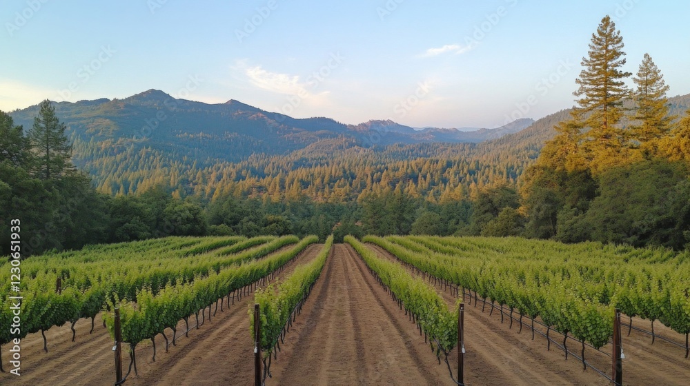 Fototapeta premium Vineyard Landscape with Rolling Hills and Mountains under a Clear Sky