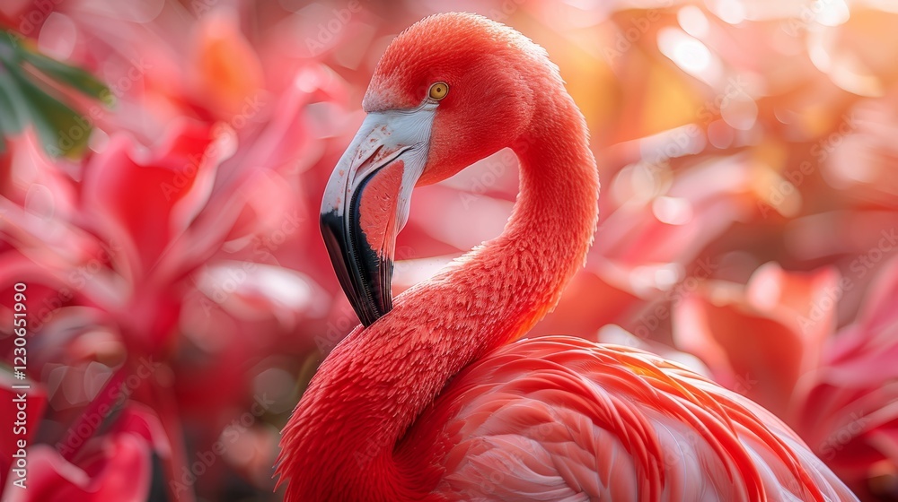 Obraz premium A flamingo is standing in a field of red flowers