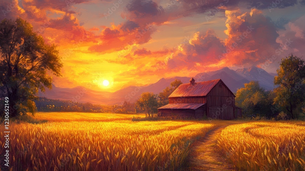 Golden sunset over a wheat field with a barn and mountains in the background. Golden sunset over a wheat field with a barn and mountains in the background.