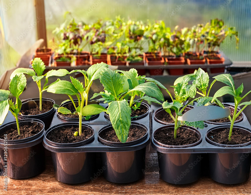 plastic pots with various vegetables seedlings plastic pots with various vegetables seedlings