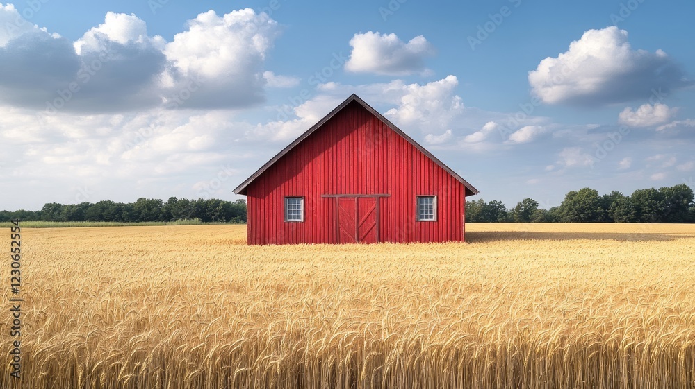 Red barn in a golden wheat field under a blue sky with fluffy clouds. Red barn in a golden wheat field under a blue sky with fluffy clouds.