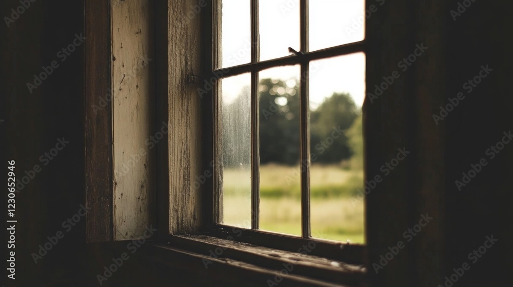 Rustic wooden window frame with view of a field. Rustic wooden window frame with view of a field.