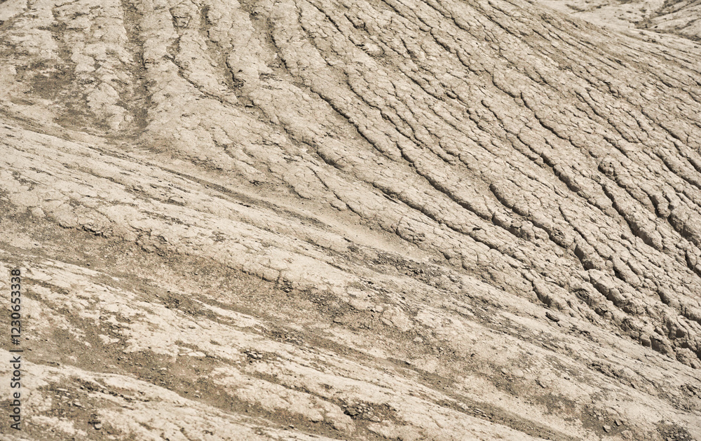 Detail of structures of eroded hills of Komolithi earth pyramids on the island of Crete