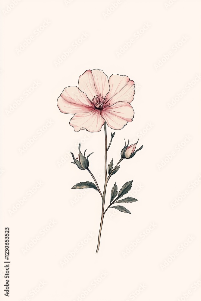Fototapeta premium Detailed botanical illustration of a pink flower with buds, showcasing nature's beauty on a cream background.