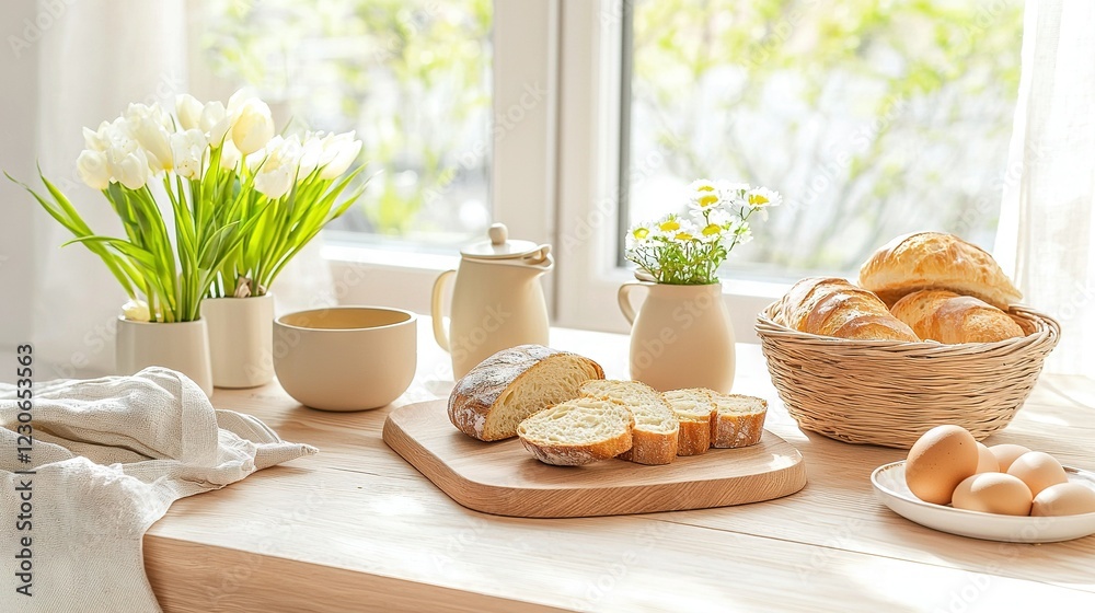 A wooden table topped with a basket of bread, next to a bowl of eggs and another basket of bread A wooden table topped with a basket of bread, next to a bowl of eggs and another basket of bread