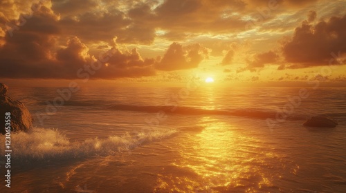 Golden Sunset Over Ocean Waves Crashing Rocks