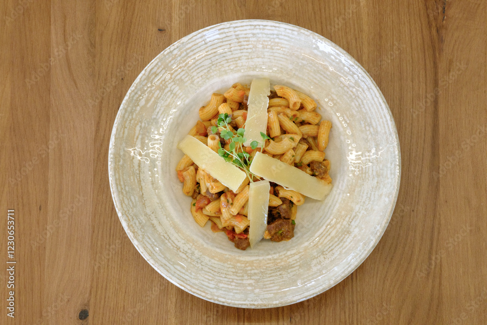 A delicious pasta dish with meat sauce and parmesan cheese A delicious pasta dish with meat sauce and parmesan cheese