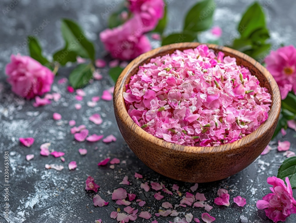 Fresh Pink Rose Petals in Wooden Bowl on Rustic Surface Fresh Pink Rose Petals in Wooden Bowl on Rustic Surface