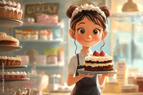 Young baker holding a freshly made cake in a cozy bakery, surrounded by pastries and baking ingredients, evoking warmth, nostalgia, and culinary passion photo