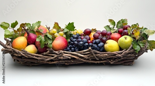 Fruits and veggies fresh from the farm are in this basket made of twigs.