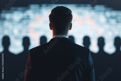 A business professional stands in front of a screen, contemplating data analytics and making strategic decisions for the future. photo