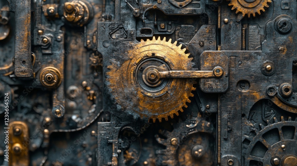 Close Up View Of Intricate Gold And Dark Metal Gears Mechanism Close Up View Of Intricate Gold And Dark Metal Gears Mechanism