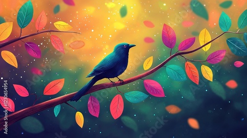   A blue bird on a leafy branch in a yellow sky
